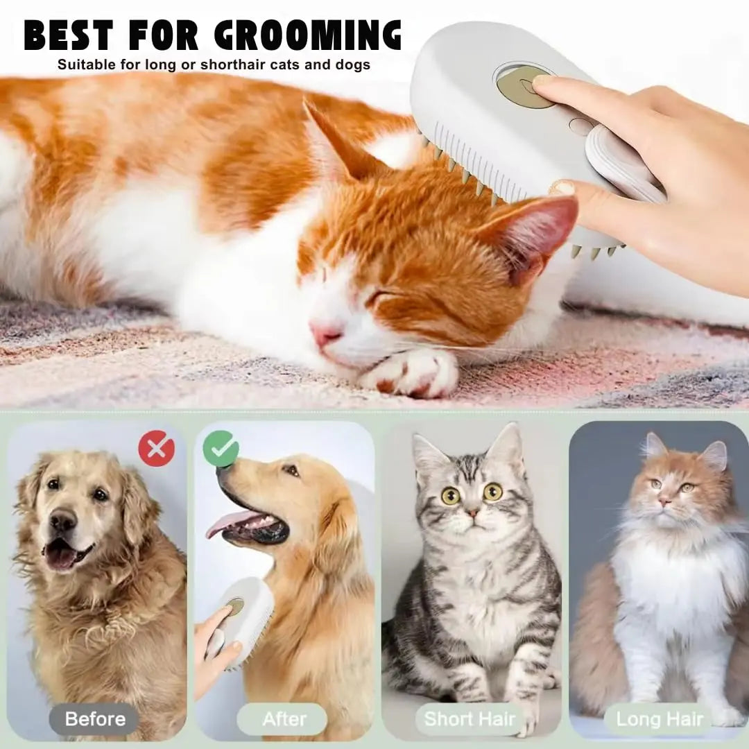 Pet Cat & Dog Steam Brush, 3 in 1 Electric Steamy Pet Hair Removal Grooming Moist Brush