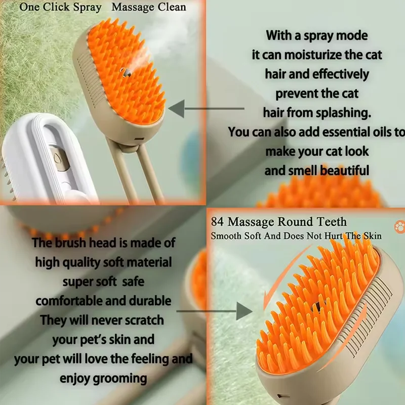 Pet Cat & Dog Steam Brush, 3 in 1 Electric Steamy Pet Hair Removal Grooming Moist Brush